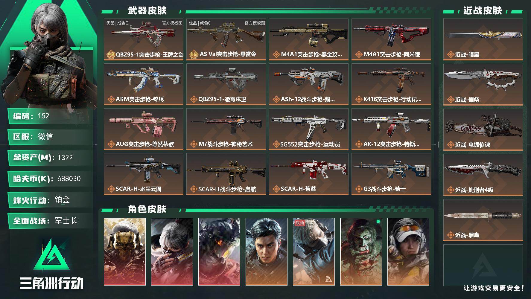 【⭐流动资产十三亿⭐超极品三红皮四刀皮双砖皮巨资产号⭐复古古铜配色 AS Val悬赏令＋星日同辉配色 QBZ命运王牌⭐蚀金玫瑰＋水墨云图＋凌霄戍卫⭐信条＋暗星＋电锯＋满级处刑者⭐老手猛攻爽玩🌙新手入坑从此无忧】1322m总资产-688030k哈夫币-60烽火等级-铂金-50战场等级-军士长
【干员外观】：红狼-蚀金玫瑰，骇爪-水墨云图，威龙-凌霄戍卫，威龙-飞虎，蜂医-送葬人·无题密令，红狼-电锯惊魂，露娜-金牌射手，乌鲁鲁-荒原猎手，蛊-不羁人生
【近战皮肤】：近战-暗星，近战-信条，近战-电锯惊魂，近战-处刑者4级，近战-黑鹰
【典藏外观】：QBZ95-1突击步枪-王牌之剑，AS Val突击步枪-悬赏令
【典藏外观成色】：QBZ95-1突击步枪-王牌之剑(优品C)，AS Val突击步枪-悬赏令(优品C)
【传说外观】：M4A1突击步枪-蚀金玫瑰，M4A1突击步枪-阿米娅，AKM突击步枪-锦绣，QBZ95-1突击步枪-凌霄戍卫，ASh-12战斗步枪-鹅鸭杀，K416突击步枪-行动记录，AUG突击步枪-悠然茶歇，M7战斗步枪-神秘艺术，SG552突击步枪-运动员，AK-12突击步枪-特斯拉线圈，SCAR-H战斗步枪-水墨云图，SCAR-H战斗步枪-启航，SCAR-H战斗步枪-荼蘼，G3战斗步枪-骑士，CAR-15突击步枪-阿米娅，AS Val突击步枪-蛇年祥瑞，腾龙突击步枪-捞点薯条，腾龙突击步枪-马年祥瑞，K437突击步枪-锦绣，KC17突击步枪-电锯惊魂，MK47突击步枪-悠然茶歇，UZI冲锋枪-特斯拉线圈，UZI冲锋枪-悠然茶歇，SMG-45冲锋枪-骑士，SMG-45冲锋枪-锦绣，SR-3M紧凑突击步枪-特斯拉线圈，SR-3M紧凑突击步枪-荼蘼，勇士冲锋枪-能天使-午夜邮差，QCQ171冲锋枪-鹅鸭杀，QCQ171冲锋枪-不羁人生，725双管霰弹枪-送葬人-无题密令，PKM通用机枪-荼蘼，QJB201轻机枪-鹅鸭杀，M14射手步枪-蛮荒，M14射手步枪-缄花，SKS射手步枪-骑士，SR-25射手步枪-水墨云图，SR-25射手步枪-缄花，AWM狙击步枪-捞点薯条，.357左轮-缄花，G18-马年祥瑞，93R-捞点薯条，复合弓-黑·天际线
【史诗外观】：M4A1突击步枪-竞技风，AKM突击步枪-林中猎手，AKM突击步枪-逆战未来，QBZ95-1突击步枪-曙光，