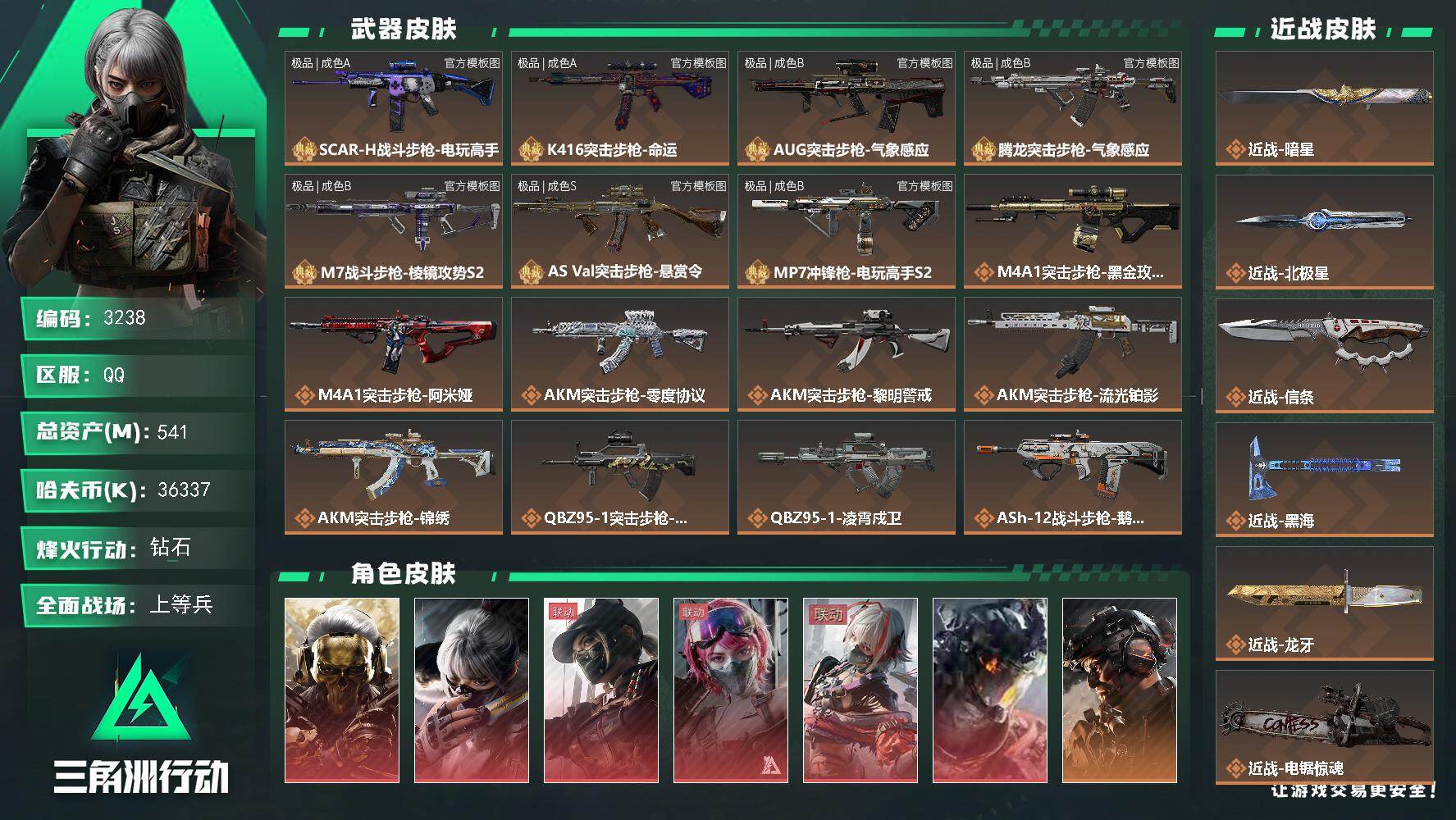 【极品成品号 】541m总资产-36337k哈夫币-60烽火等级-钻石-42战场等级-上等兵
【干员外观】：红狼-蚀金玫瑰，骇爪-水墨云图，露娜-黑·天际线，蛊-能天使午夜邮差，骇爪-维什戴尔，威龙-凌霄戍卫，威龙-铁面判官，威龙-壮志凌云，威龙-飞虎，蜂医-送葬人·无题密令，牧羊人-街头之王，无名-夜鹰，深蓝-不破誓约，红狼-电锯惊魂，露娜-金牌射手，乌鲁鲁-荒原猎手，蜂医-黑鹰坠落
【近战皮肤】：近战-暗星，近战-北极星，近战-信条，近战-黑海，近战-龙牙，近战-电锯惊魂，近战-黑鹰
【典藏外观】：SCAR-H战斗步枪-电玩高手，K416突击步枪-命运，AUG突击步枪-气象感应，腾龙突击步枪-气象感应，M7战斗步枪-棱镜攻势S2，AS Val突击步枪-悬赏令，MP7冲锋枪-电玩高手S2
【典藏外观成色】：SCAR-H战斗步枪-电玩高手(极品A)，K416突击步枪-命运(极品A)，AUG突击步枪-气象感应(极品B)，腾龙突击步枪-气象感应(极品B)，M7战斗步枪-棱镜攻势S2(极品B)，AS Val突击步枪-悬赏令(极品S)，MP7冲锋枪-电玩高手S2(极品B)
【传说外观】：M4A1突击步枪-蚀金玫瑰，M4A1突击步枪-阿米娅，AKM突击步枪-零度协议，AKM突击步枪-黎明警戒，AKM突击步枪-流光铂影，AKM突击步枪-锦绣，QBZ95-1突击步枪-破军，QBZ95-1突击步枪-凌霄戍卫，ASh-12战斗步枪-鹅鸭杀，K416突击步枪-StoryBoard，AUG突击步枪-游乐场，AUG突击步枪-悠然茶歇，M7战斗步枪-维京，M7战斗步枪-小肥柴，SG552突击步枪-小肥柴，SG552突击步枪-运动员，AK-12突击步枪-夜鹰，AK-12突击步枪-特斯拉线圈，SCAR-H战斗步枪-铁艺苍穹，SCAR-H战斗步枪-水墨云图，SCAR-H战斗步枪-启航，SCAR-H战斗步枪-荼蘼，G3战斗步枪-流光铂影，G3战斗步枪-骑士，CAR-15突击步枪-阿米娅，腾龙突击步枪-黎明警戒，腾龙突击步枪-捞点薯条，腾龙突击步枪-万金泪冠，K437突击步枪-极速狂飙，K437突击步枪-猩红乐队，K437突击步枪-北极星，K437突击步枪-锦绣，KC17突击步枪-电锯惊魂，MK47突击步枪-悠然茶歇，MK47突击步枪-暗星，MP5冲锋枪-黑海，P90冲锋枪-信条，Vector冲锋枪展示图