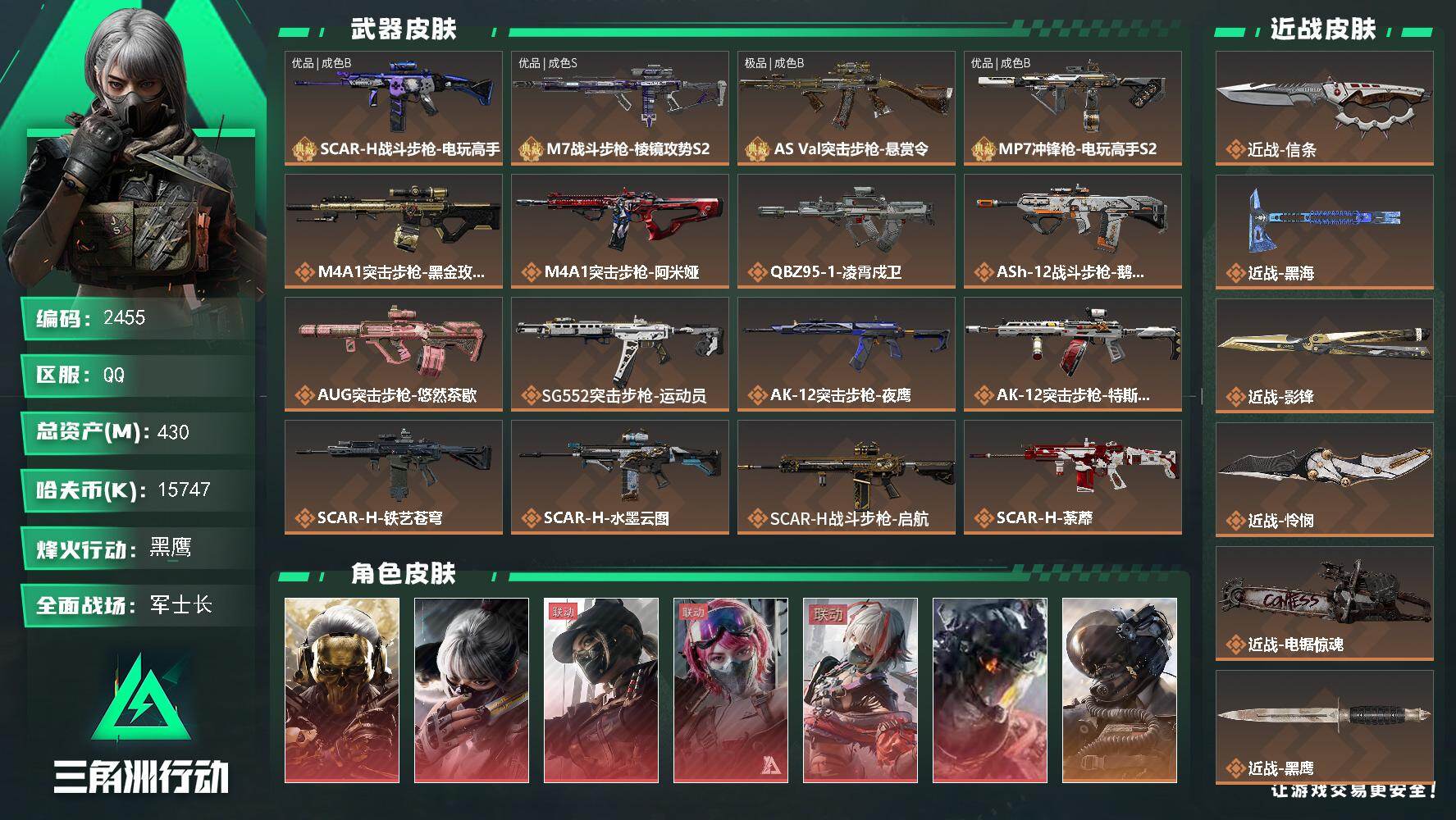 【总资产430M⭐️五红皮+5刀⭐️纯金悬赏令（极品B）+粉紫电玩MP7（优品B）+纯粉棱镜M7（优品S）+电玩SCAR（优品B）⭐️特勤处全满⭐️】
430m总资产-15747k哈夫币-60烽火等级-黑鹰-32战场等级-军士长
【干员外观】：红狼-蚀金玫瑰，骇爪-水墨云图，露娜-黑·天际线，蛊-能天使午夜邮差，骇爪-维什戴尔，威龙-凌霄戍卫，威龙-壮志凌云，蜂医-送葬人·无题密令，无名-夜鹰，深蓝-不破誓约，红狼-电锯惊魂，露娜-金牌射手，乌鲁鲁-荒原猎手
【近战皮肤】：近战-信条，近战-黑海，近战-影锋，近战-怜悯，近战-电锯惊魂，近战-黑鹰
【典藏外观】：SCAR-H战斗步枪-电玩高手，M7战斗步枪-棱镜攻势S2，AS Val突击步枪-悬赏令，MP7冲锋枪-电玩高手S2
【典藏外观成色】：SCAR-H战斗步枪-电玩高手(优品B)，M7战斗步枪-棱镜攻势S2(优品S)，AS Val突击步枪-悬赏令(极品B)，MP7冲锋枪-电玩高手S2(优品B)
【传说外观】：M4A1突击步枪-蚀金玫瑰，M4A1突击步枪-阿米娅，QBZ95-1突击步枪-凌霄戍卫，ASh-12战斗步枪-鹅鸭杀，AUG突击步枪-悠然茶歇，SG552突击步枪-运动员，AK-12突击步枪-夜鹰，AK-12突击步枪-特斯拉线圈，SCAR-H战斗步枪-铁艺苍穹，SCAR-H战斗步枪-水墨云图，SCAR-H战斗步枪-启航，SCAR-H战斗步枪-荼蘼，G3战斗步枪-骑士，CAR-15突击步枪-阿米娅，腾龙突击步枪-万金泪冠，K437突击步枪-几何解构，KC17突击步枪-电锯惊魂，MK47突击步枪-悠然茶歇，P90冲锋枪-信条，Vector冲锋枪-能天使-午夜邮差，UZI冲锋枪-特斯拉线圈，UZI冲锋枪-悠然茶歇，SMG-45冲锋枪-骑士，SR-3M紧凑突击步枪-特斯拉线圈，SR-3M紧凑突击步枪-荼蘼，勇士冲锋枪-能天使-午夜邮差，勇士冲锋枪-万金泪冠，QCQ171冲锋枪-鹅鸭杀，M1014霰弹枪-影锋，S12K霰弹枪-电锯惊魂，725双管霰弹枪-送葬人-无题密令，PKM通用机枪-荼蘼，M250通用机枪-几何解构，M250通用机枪-骑士之心，QJB201轻机枪-鹅鸭杀，M14射手步枪-电锯惊魂，M14射手步枪-蛮荒，M14射手步枪-缄花，SR-25射手步枪-信条，SR-25射手步枪-缄花，SR-9射手步枪-几
