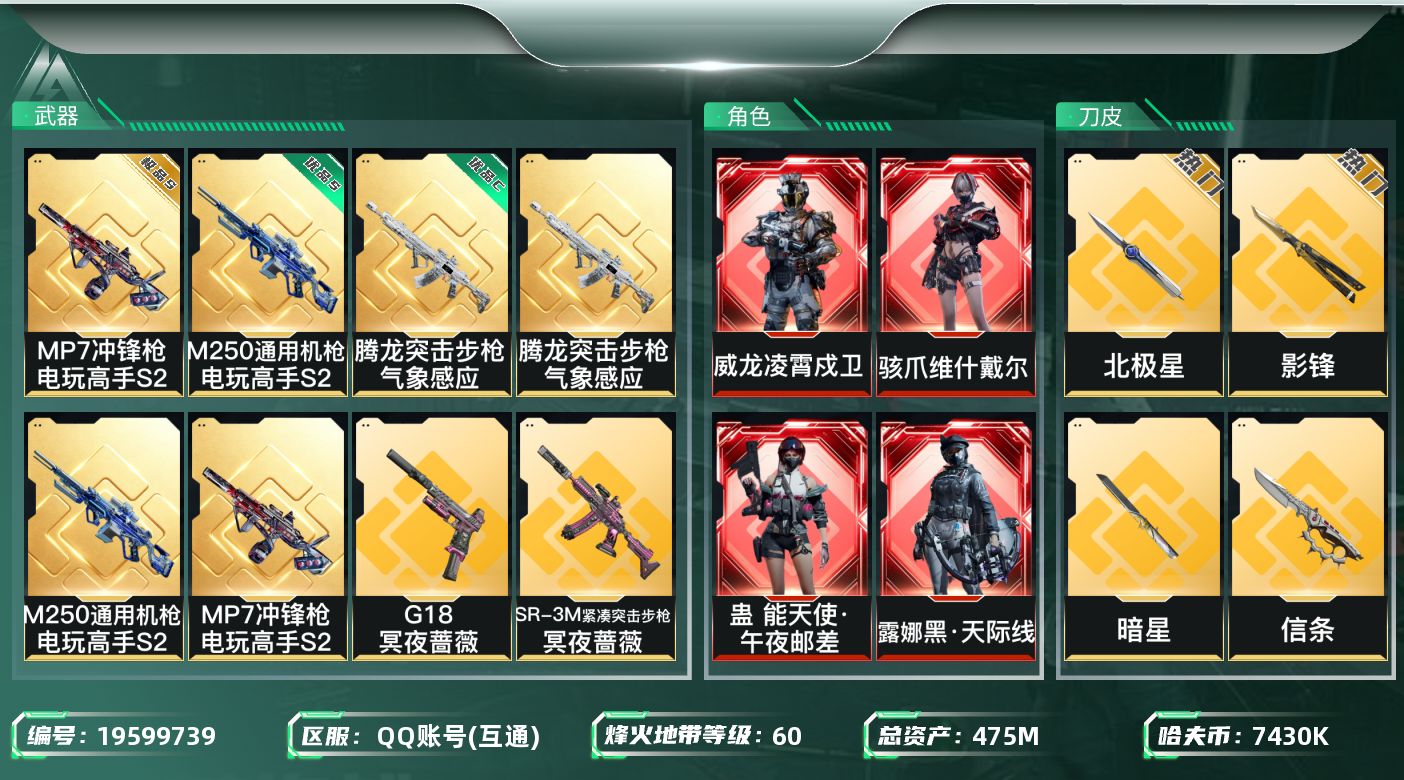 *全红+6刀+9金皮包括飞虎+满天满负满耐+33保险+33保险全赛季皮肤+部门全满级+可二次+367发A大+8500点卷+海量六头六甲和24大单挂+隐藏款财神到挂饰+极品S炫彩呼吸灯MP7+优品S绿粉M250+优品C腾龙，极品猛攻账号*
475m总资产-7430k哈夫币-60烽火等级-三角洲巅峰-9战场等级-列兵
【干员外观】：红狼-蚀金玫瑰，骇爪-水墨云图，露娜-黑·天际线，蛊-能天使午夜邮差，骇爪-维什戴尔，威龙-凌霄戍卫，威龙-壮志凌云，威龙-飞虎，蜂医-送葬人·无题密令，无名-夜鹰，深蓝-不破誓约，红狼-电锯惊魂，露娜-金牌射手，乌鲁鲁-荒原猎手，蛊-不羁人生
【近战皮肤】：近战-暗星，近战-北极星，近战-信条，近战-黑海，近战-影锋，近战-电锯惊魂，近战-黑鹰
【典藏外观】：腾龙突击步枪-气象感应，M250通用机枪-电玩高手S2，MP7冲锋枪-电玩高手S2
【典藏外观成色】：腾龙突击步枪-气象感应(优品C)，M250通用机枪-电玩高手S2(优品S)，MP7冲锋枪-电玩高手S2(极品S)
【传说外观】：M4A1突击步枪-蚀金玫瑰，M4A1突击步枪-阿米娅，AKM突击步枪-锦绣，QBZ95-1突击步枪-凌霄戍卫，ASh-12战斗步枪-鹅鸭杀，K416突击步枪-行动记录，AUG突击步枪-悠然茶歇，M7战斗步枪-怜悯，SG552突击步枪-运动员，AK-12突击步枪-夜鹰，AK-12突击步枪-特斯拉线圈，AK-12突击步枪-纵横，SCAR-H战斗步枪-铁艺苍穹，SCAR-H战斗步枪-水墨云图，SCAR-H战斗步枪-启航，SCAR-H战斗步枪-荼蘼，G3战斗步枪-骑士，CAR-15突击步枪-黑鹰坠落，CAR-15突击步枪-阿米娅，AS Val突击步枪-死神玫瑰，腾龙突击步枪-捞点薯条，腾龙突击步枪-死神玫瑰，腾龙突击步枪-马年祥瑞，K437突击步枪-北极星，K437突击步枪-几何解构，K437突击步枪-锦绣，KC17突击步枪-电锯惊魂，MK47突击步枪-悠然茶歇，MK47突击步枪-暗星，MP5冲锋枪-黑海，P90冲锋枪-信条，Vector冲锋枪-能天使-午夜邮差，UZI冲锋枪-特斯拉线圈，UZI冲锋枪-悠然茶歇，SMG-45冲锋枪-骑士，SMG-45冲锋枪-锦绣，SR-3M紧凑突击步枪-特斯拉线圈，SR-3M紧凑突击步枪-暗星，SR-3M紧凑突击步枪-荼蘼，SR-3