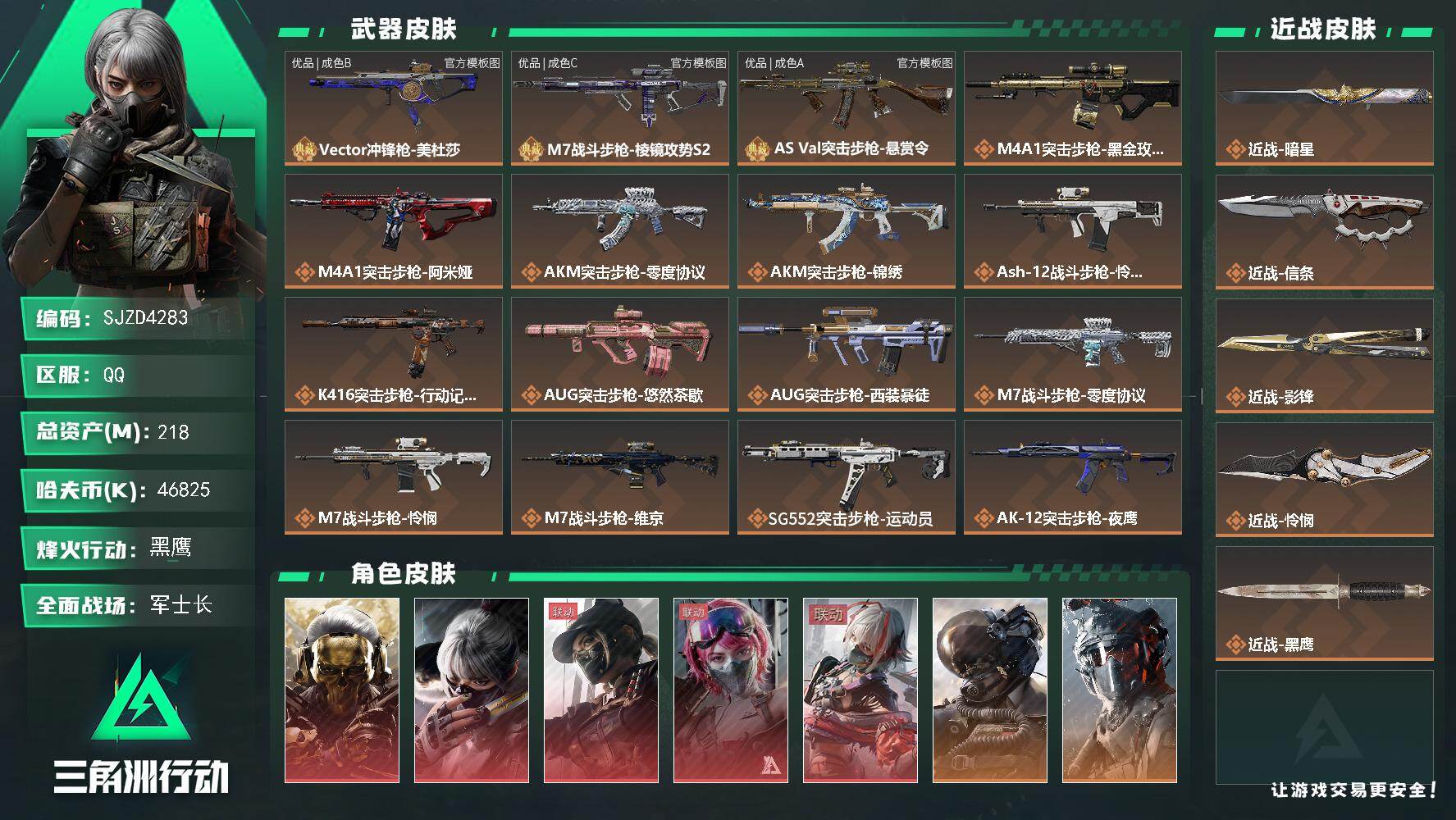 218m总资产-46825k哈夫币-60烽火等级-黑鹰-49战场等级-军士长
【干员外观】：红狼-蚀金玫瑰，骇爪-水墨云图，露娜-黑·天际线，蛊-能天使午夜邮差，骇爪-维什戴尔，威龙-壮志凌云，威龙-蛟龙特战队，威龙-飞虎，蜂医-送葬人·无题密令，牧羊人-街头之王，无名-夜鹰，深蓝-不破誓约，红狼-电锯惊魂，露娜-金牌射手，乌鲁鲁-荒原猎手，蛊-不羁人生
【近战皮肤】：近战-暗星，近战-信条，/红狼-蚀金玫瑰/骇爪-水墨云图/露娜-黑·天际线/蛊-能天使·午夜邮差/骇爪-维什戴尔/威龙-壮志凌云(S3)/威龙-蛟龙特战队/威龙-飞虎/蜂医-送葬人·无题密令(S5)/牧羊人-街头之王(S2)/无名-夜鹰(S4)/深蓝-不破誓约(S6)/红狼-电锯惊魂/露娜-金牌射手(S7)/乌鲁鲁-荒原猎手/蛊-不羁人生/近战-暗星/近战-信条/近战-影锋/近战-怜悯/近战-黑鹰/Vector冲锋枪-美杜莎/M7战斗步枪-棱镜攻势S2/AS Val突击步枪-悬赏令/优品B典藏武器外观-Vector冲锋枪-美杜莎/优品C典藏武器外观-M7战斗步枪-棱镜攻势S2/优品A典藏武器外观-AS Val突击步枪-悬赏令/M4A1突击步枪-蚀金玫瑰/M4A1突击步枪-阿米娅/AKM突击步枪-零度协议/AKM突击步枪-锦绣/ASh-12战斗步枪-怜悯/K416突击步枪-行动记录/AUG突击步枪-悠然茶歇/AUG突击步枪-西装暴徒/M7战斗步枪-零度协议/M7战斗步枪-怜悯/M7战斗步枪-维京/SG552突击步枪-运动员/AK-12突击步枪-夜鹰/AK-12突击步枪-特斯拉线圈/SCAR-H战斗步枪-铁艺苍穹/SCAR-H战斗步枪-水墨云图/SCAR-H战斗步枪-启航/PTR-32突击步枪-赏金猎人/CAR-15突击步枪-黑鹰坠落/AS Val突击步枪-死神玫瑰/腾龙突击步枪-蛟龙特战队/腾龙突击步枪-捞点薯条/腾龙突击步枪-马年祥瑞/腾龙突击步枪-万金泪冠/K437突击步枪-几何解构/K437突击步枪-锦绣/KC17突击步枪-电锯惊魂/MK47突击步枪-悠然茶歇/MK47突击步枪-暗星/P90冲锋枪-信条/Vector冲锋枪-能天使-午夜邮差/UZI冲锋枪-特斯拉线圈/UZI冲锋枪-悠然茶歇/SMG45冲锋枪-骑士/SMG-45冲锋枪-锦绣/SR-3M紧凑突击步枪-特斯拉线圈/SR-3M紧凑突击步