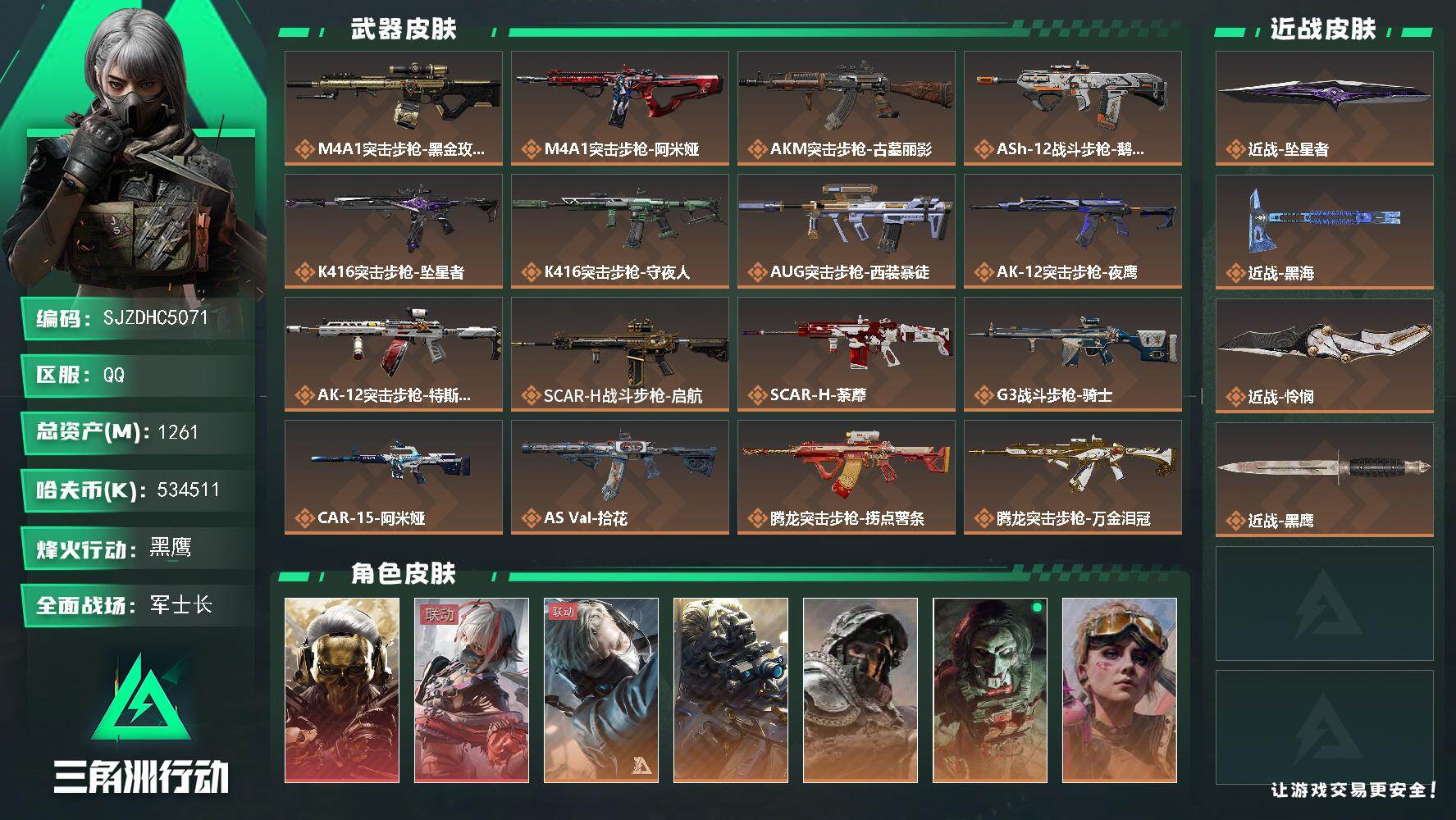 【SJZDHC5071】1261m总资产-534511k哈夫币-60烽火等级-黑鹰-50战场等级-军士长
【干员外观】：红狼-蚀金玫瑰，骇爪-维什戴尔，蜂医-送葬人·无题密令，无名-夜鹰，深蓝-不破誓约，红狼-电锯惊魂，蛊-不羁人生，银翼-未结卷宗，无名-守夜人，蜂医-医生
【近战皮肤】：近战-坠星者，近战-黑海，近战-怜悯，近战-黑鹰
【传说外观】：M4A1突击步枪-蚀金玫瑰，M4A1突击步枪-阿米娅，AKM突击步枪-古墓丽影，ASh-12战斗步枪-鹅鸭杀，K416突击步枪-坠星者，K416突击步枪-守夜人，AUG突击步枪-西装暴徒，AK-12突击步枪-夜鹰，AK-12突击步枪-特斯拉线圈，SCAR-H战斗步枪-启航，SCAR-H战斗步枪-荼蘼，G3战斗步枪-骑士，CAR-15突击步枪-阿米娅，AS Val突击步枪-拾花，腾龙突击步枪-捞点薯条，腾龙突击步枪-万金泪冠，腾龙突击步枪-拾花，K437突击步枪-墨冰，KC17突击步枪-电锯惊魂，MP5冲锋枪-黑海，MP5冲锋枪-墨冰，P90冲锋枪-医生，UZI冲锋枪-特斯拉线圈，SMG-45冲锋枪-骑士，SMG-45冲锋枪-拾花，SR-3M紧凑突击步枪-特斯拉线圈，SR-3M紧凑突击步枪-荼蘼，勇士冲锋枪-能天使-午夜邮差，勇士冲锋枪-万金泪冠，QCQ171冲锋枪-鹅鸭杀，QCQ171冲锋枪-不羁人生，MK4冲锋枪-战术甲胄，M870霰弹枪-墨冰，725双管霰弹枪-送葬人-无题密令，PKM通用机枪-荼蘼，M250通用机枪-骑士之心，M250通用机枪-坠星者，QJB201轻机枪-黑海，QJB201轻机枪-鹅鸭杀，M14射手步枪-缄花，SR-25射手步枪-缄花，SR-25射手步枪-墨冰，R93狙击步枪-维什戴尔，AWM狙击步枪-捞点薯条，AWM狙击步枪-万金泪冠，.357左轮-缄花，93R-捞点薯条
【史诗外观】：AKM突击步枪-林中猎手，QBZ95-1突击步枪-曙光，QBZ95-1突击步枪-战术甲胄，ASh-12战斗步枪-守夜人，ASh-12战斗步枪-无极限，M16A4突击步枪-竞赛选手，AUG突击步枪-蝮蛇，SG552突击步枪-尖端治疗，SG552突击步枪-深海恐惧，SG552突击步枪-哈夫克警备，AK-12突击步枪-猛攻，SCAR-H战斗步枪-囚徒，G3战斗步枪-战场英杰，G3战斗步枪-哈夫克警备，PTR-32突击